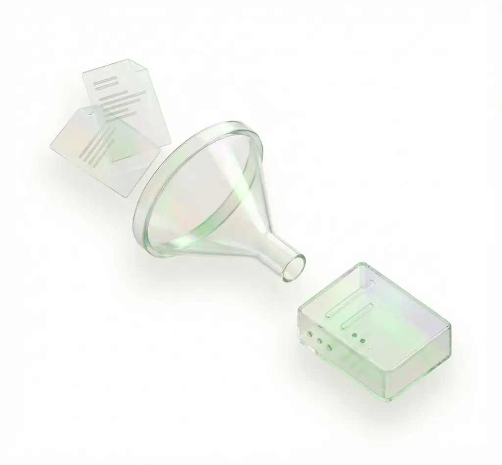 3D glass illustration of documents passing through a funnel into a processing unit, representing automated quality validation and LLM-based structural checks