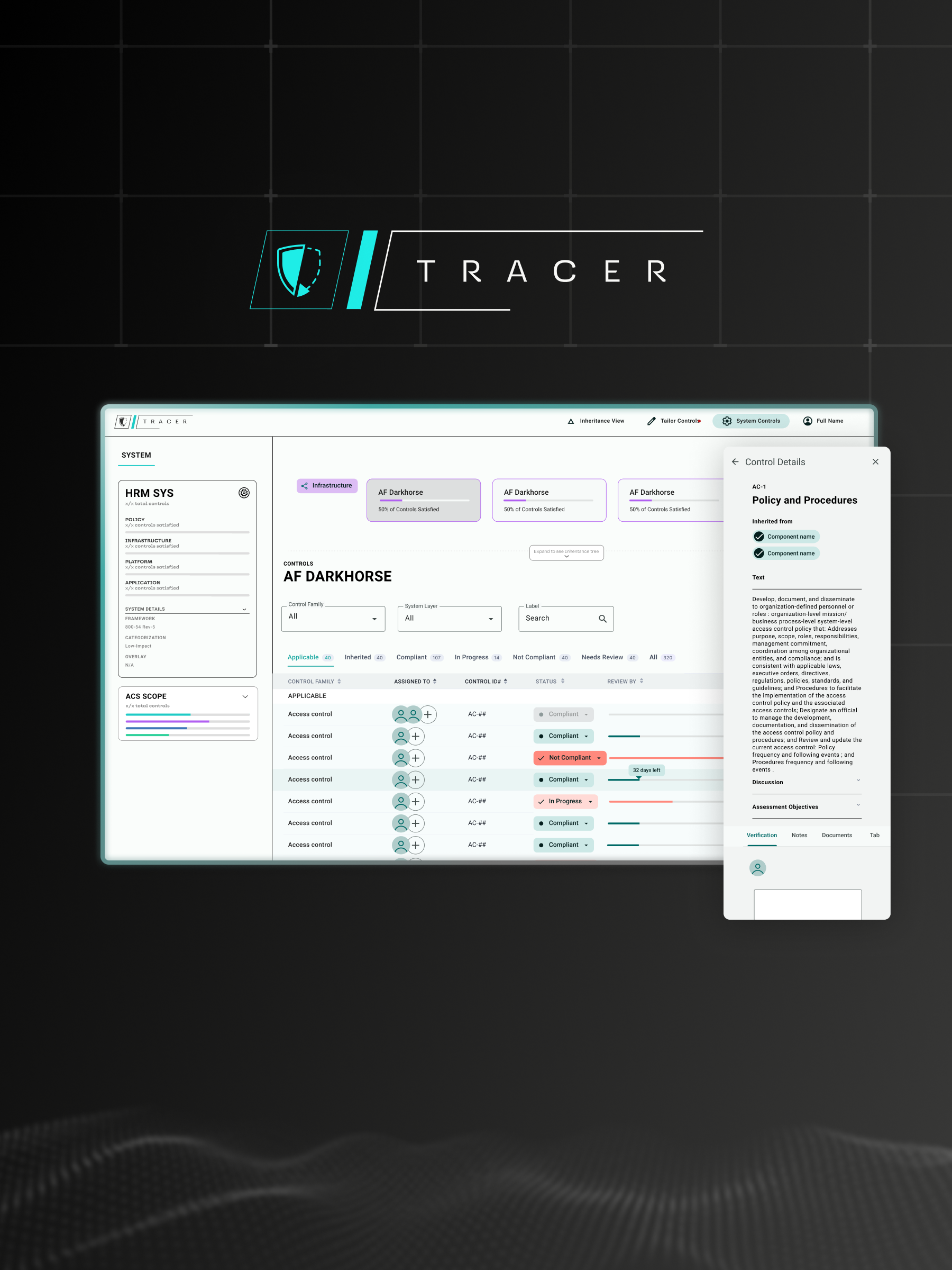 Tracer compliance platform main interface displaying AF Darkhorse component with HRM SYS controls, showing detailed Policy and Procedures view with compliance status tracking, control assignments, progress indicators, and assessment objectives—demonstrating multi-layered information architecture for complex regulatory requirements
