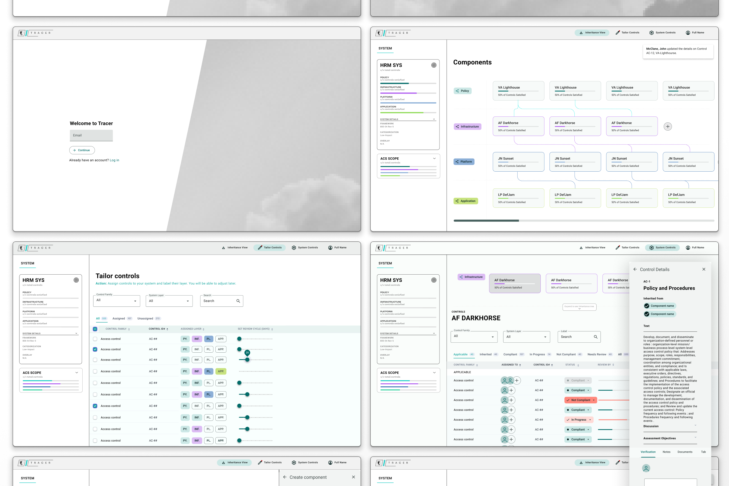 Tracer interface workflow showing welcome screen, components dashboard with compliance status across system elements (Policy, Infrastructure, Application), control tailoring interface with assignment options, detailed control management views, and assessment documentation panels—illustrating complete user journey through compliance process