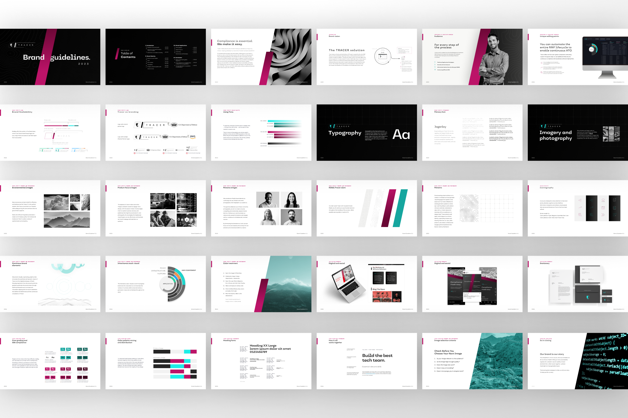 Tracer brand guidelines document showing 30-page comprehensive system including table of contents, brand philosophy, tone of voice, data visualization rules, typography specimens, imagery guidelines, environmental photography examples, team portraits, color systems, logo applications, and digital interface standards—all unified by distinctive magenta accent stripe