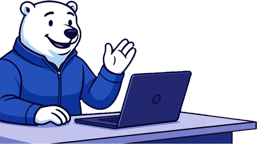 White bear wearing a blue jacket on a client call