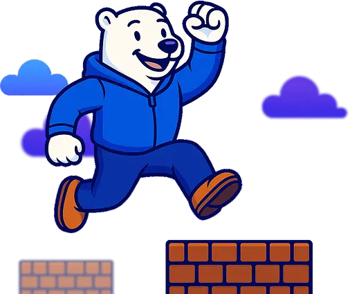 White bear wearing a blue jacket jumping on brick walls with fist in the air like a video game