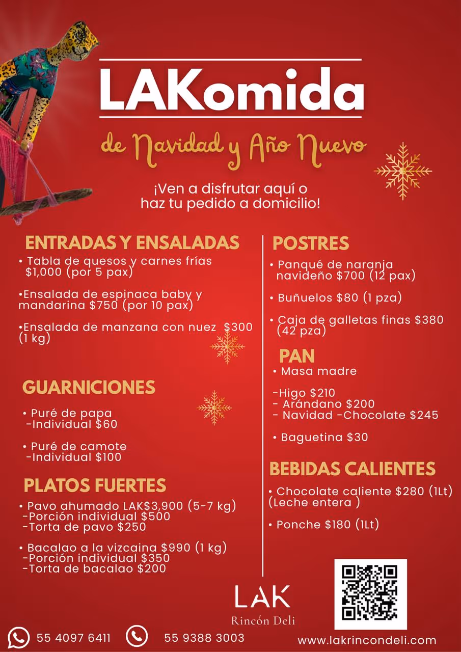 Menú de Navidad y Año Nuevo de LAK Rincón Deli con entradas, ensaladas, guarniciones, platos fuertes, postres, pan y bebidas calientes, en fondo rojo con figura artesanal.