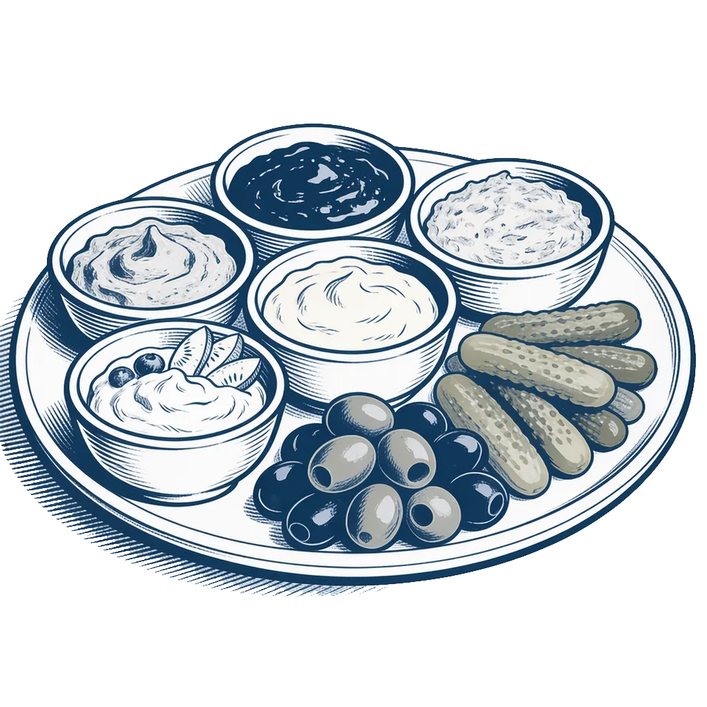 Illustration of assorted dips, olives, and pickles served on a platter.