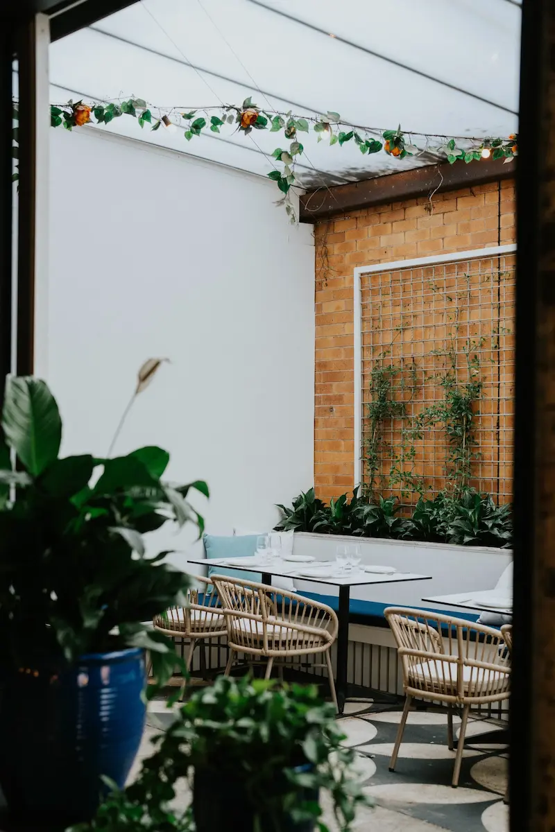 A table and chairs in a room with plants.