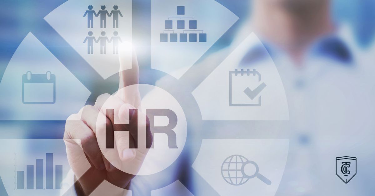 Person selecting HR icon on a virtual interface.