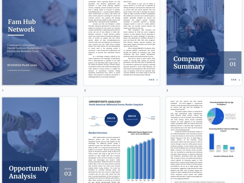 Business plan pages with charts and text on market analysis.