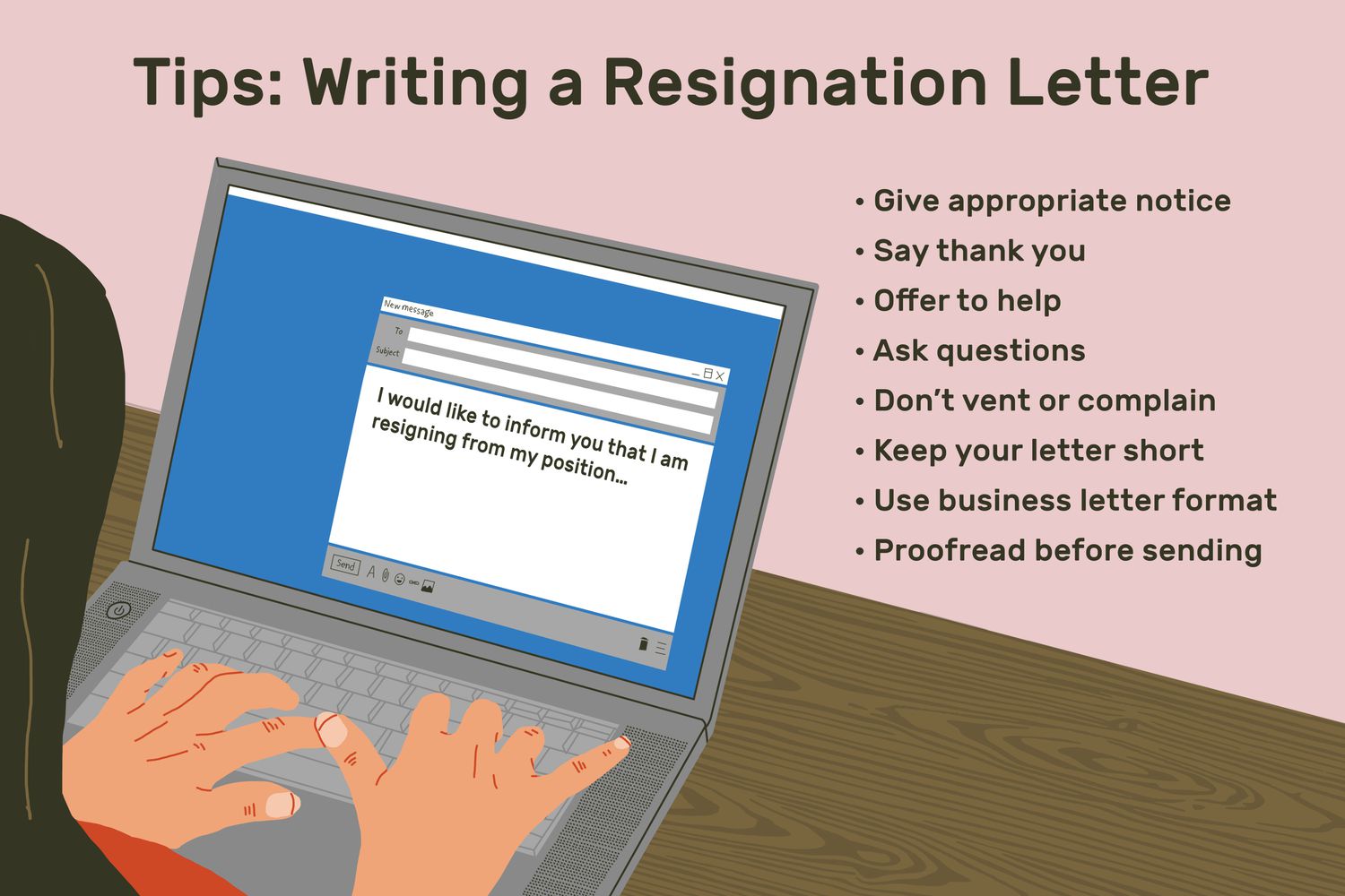 Illustration of a person typing a resignation email on a laptop.