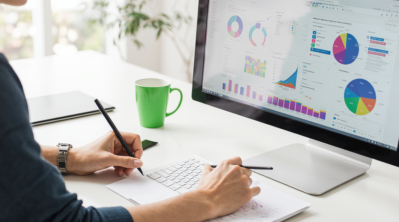 Person analyzing data visualizations and taking notes at a desk.