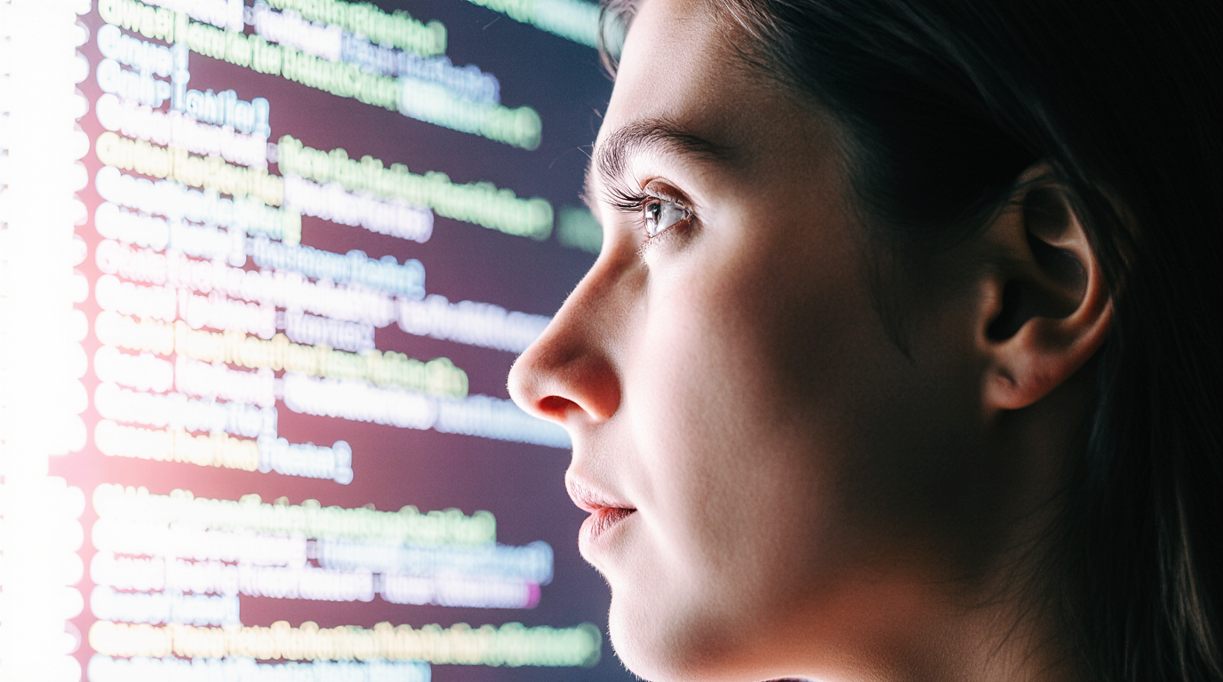 Person looking at computer screen displaying colorful code lines.