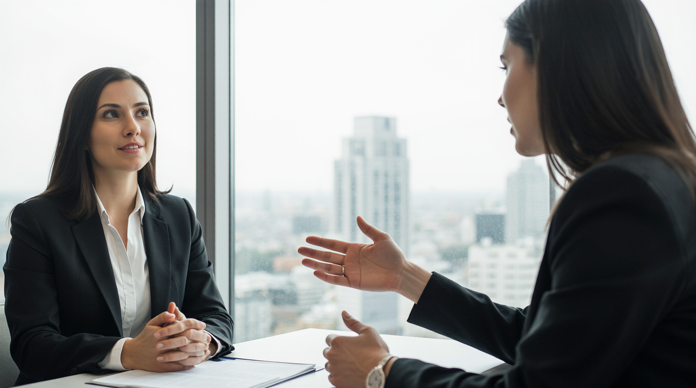 Two professionals in business attire discussing at an office table.