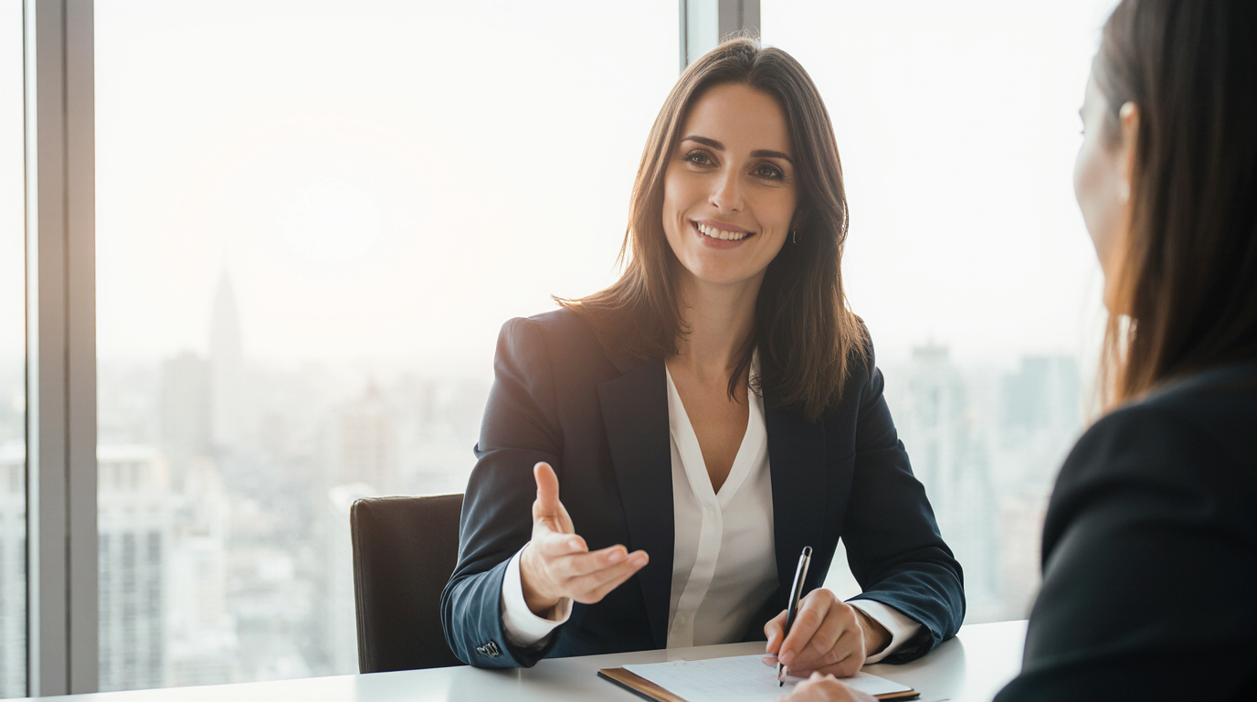 Two women in business attire discussing at a desk in an office.