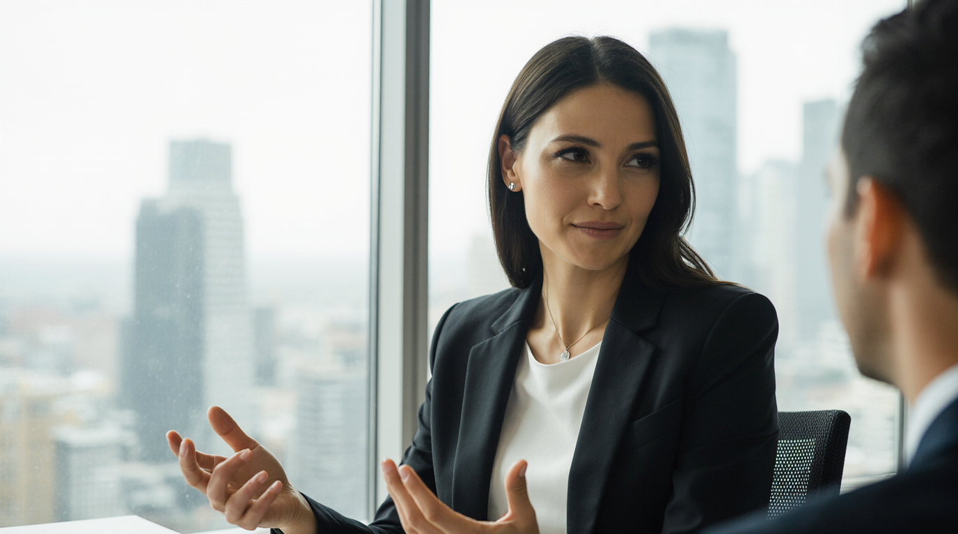 Two professionals in business attire discussing in office setting.
