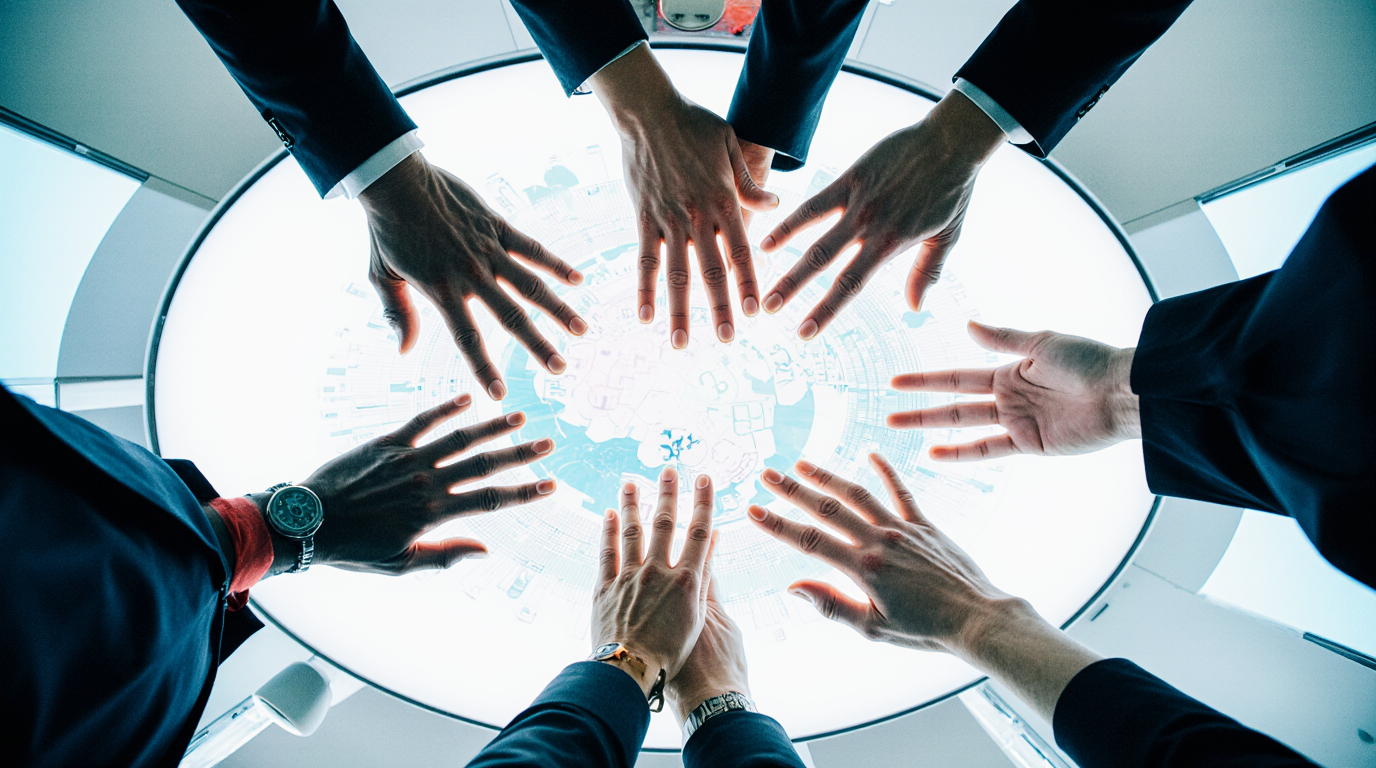 Group of professionals placing hands together over digital table.