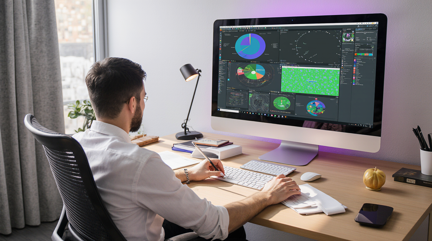 Man analyzing charts and graphs on a computer using data visualization software.