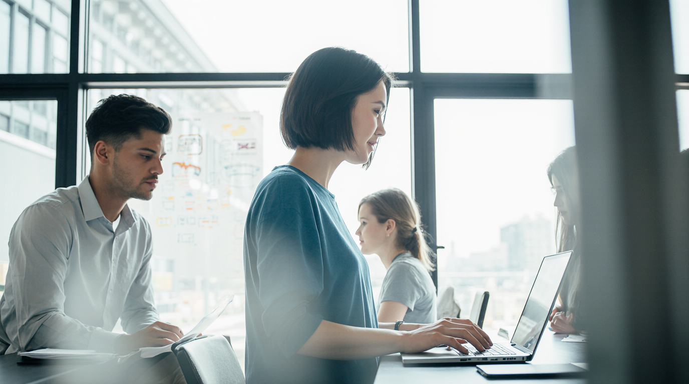 People collaborating at laptops in a modern office workspace.