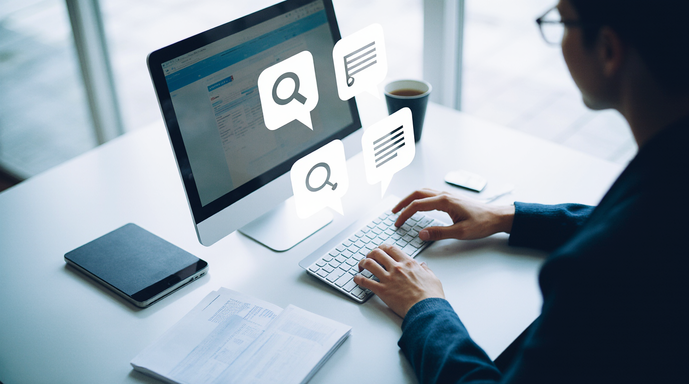 Person working at computer with search and analytics icons overlayed.