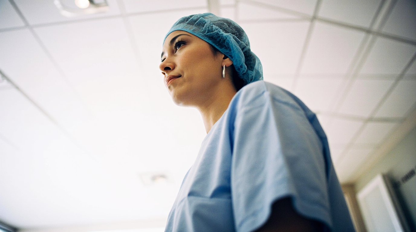Nurse in blue scrubs and surgical cap standing in hospital hallway.