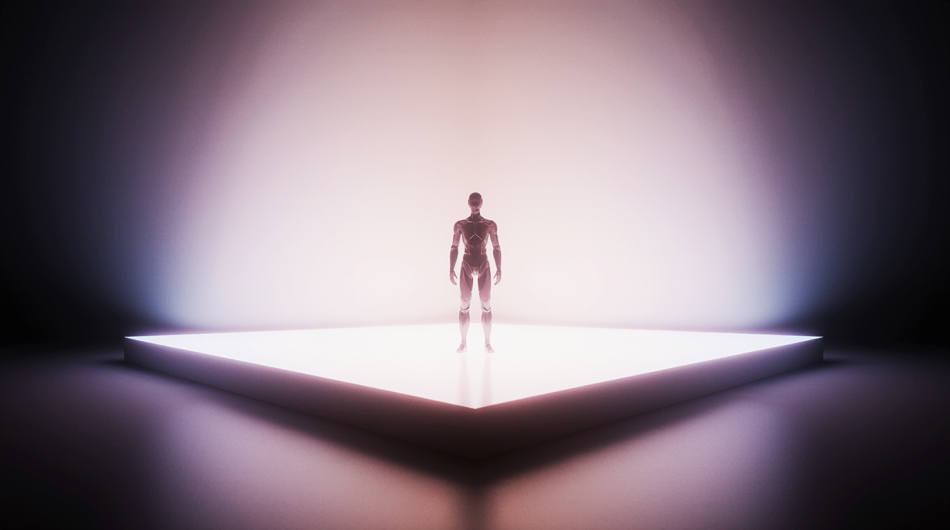 Humanoid figure stands on glowing platform in surreal lighting.