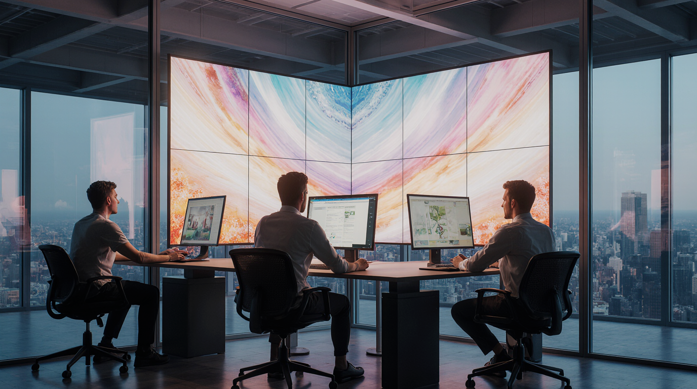 Three people at computers in a modern office with large digital screens.