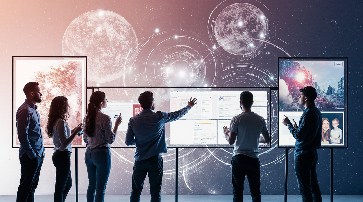 Group collaborating with digital screens and AI-generated images.
