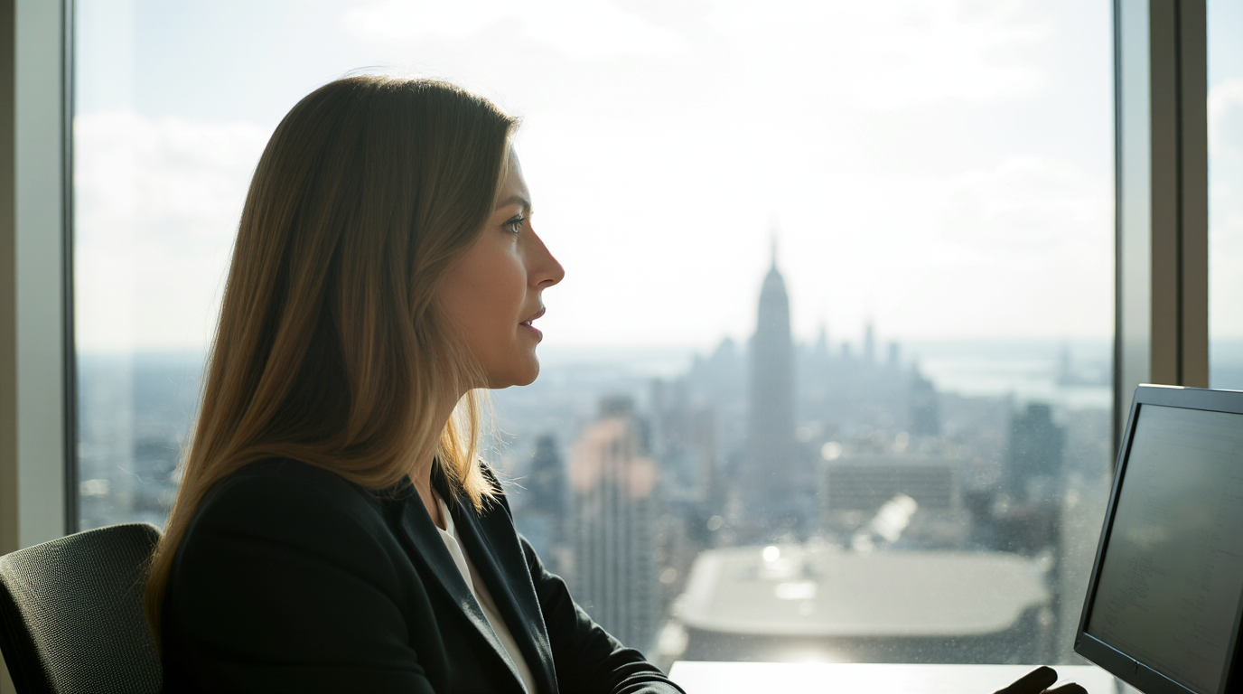 Person in business attire at desk with city skyline in background.