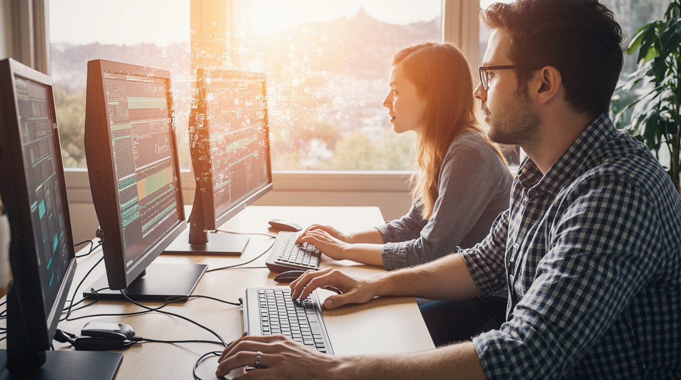 Two developers coding audio systems on desktop computers in an office.