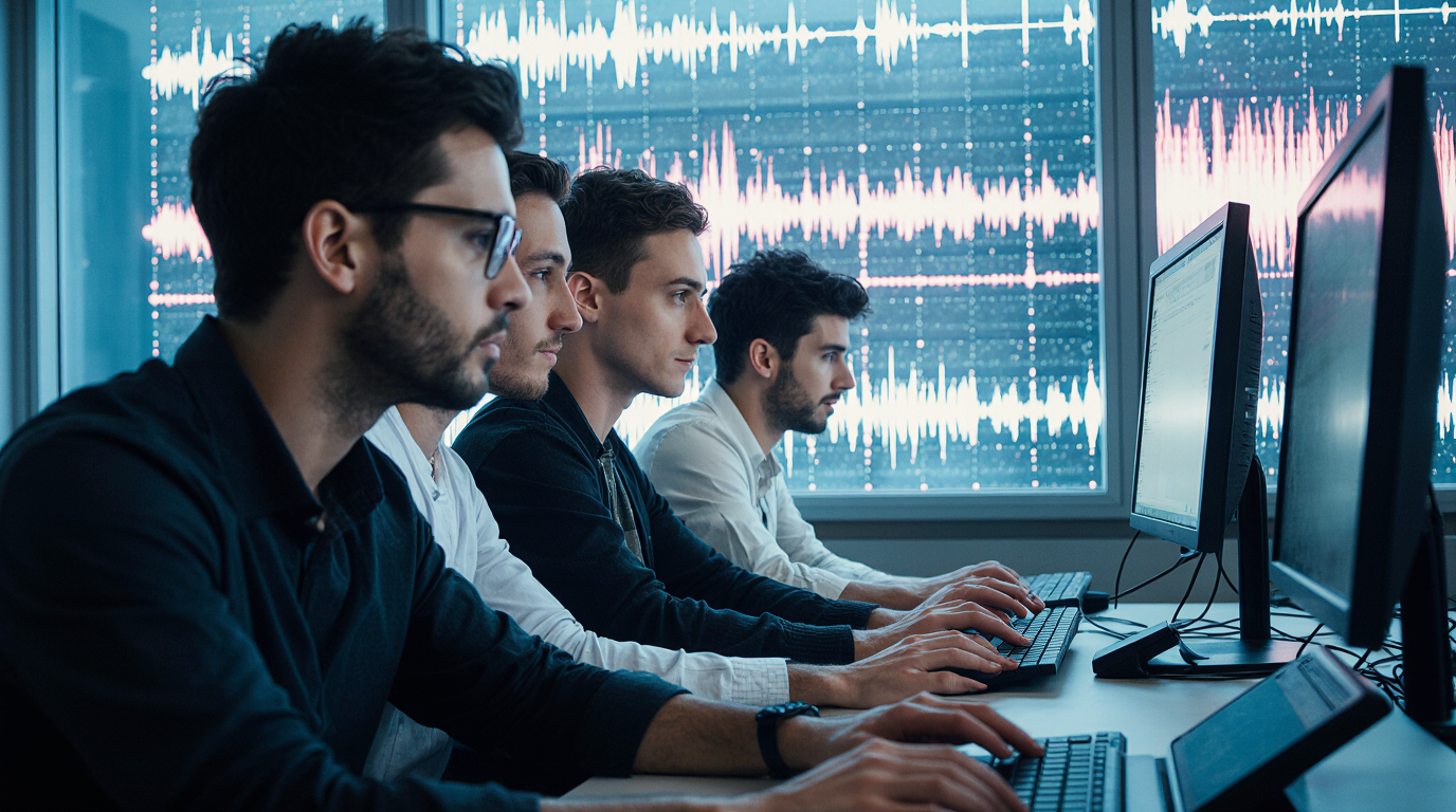 Audio professionals working at computers with sound waveforms displayed.