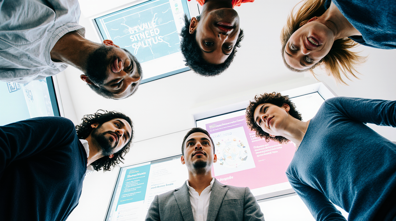 Group of professionals standing in a circle in a modern office.