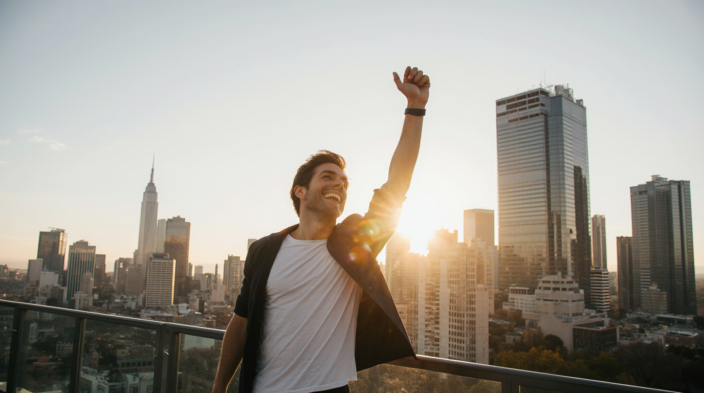 Person raising fist in triumph on city rooftop at sunrise.