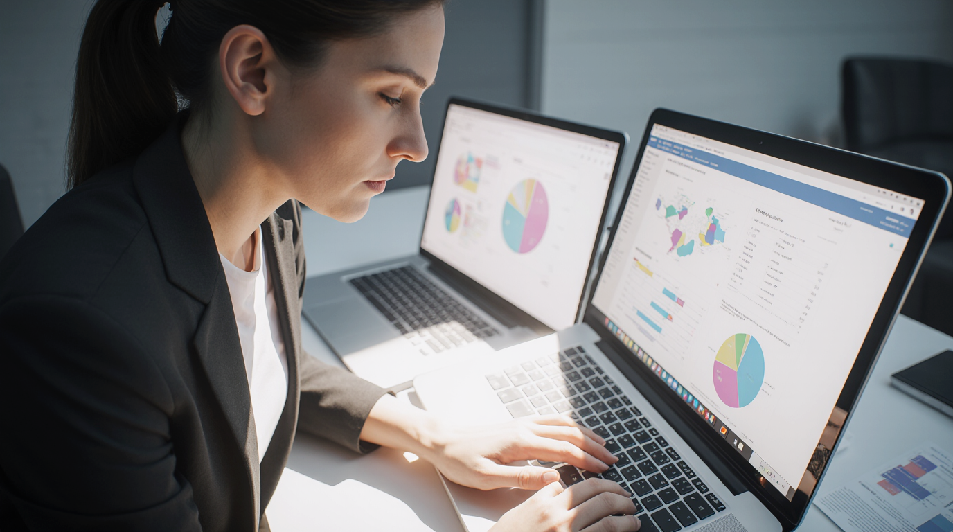 Person in business attire analyzing wage data charts on two laptops.