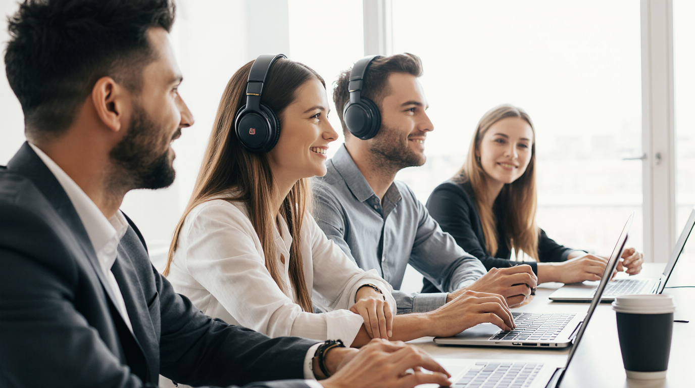 Professionals working on laptops and wearing headsets in a modern office.