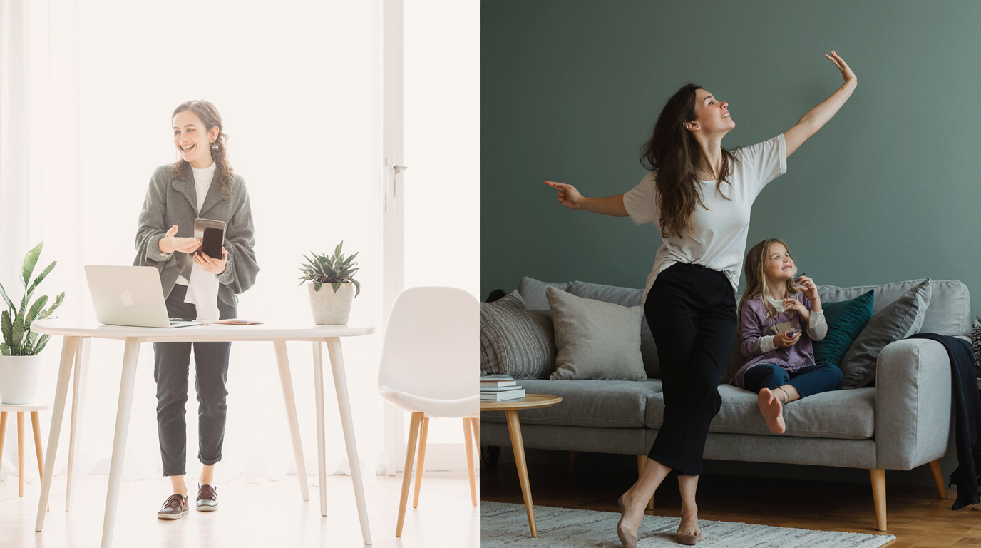 Woman working at desk and woman spending time with child at home.