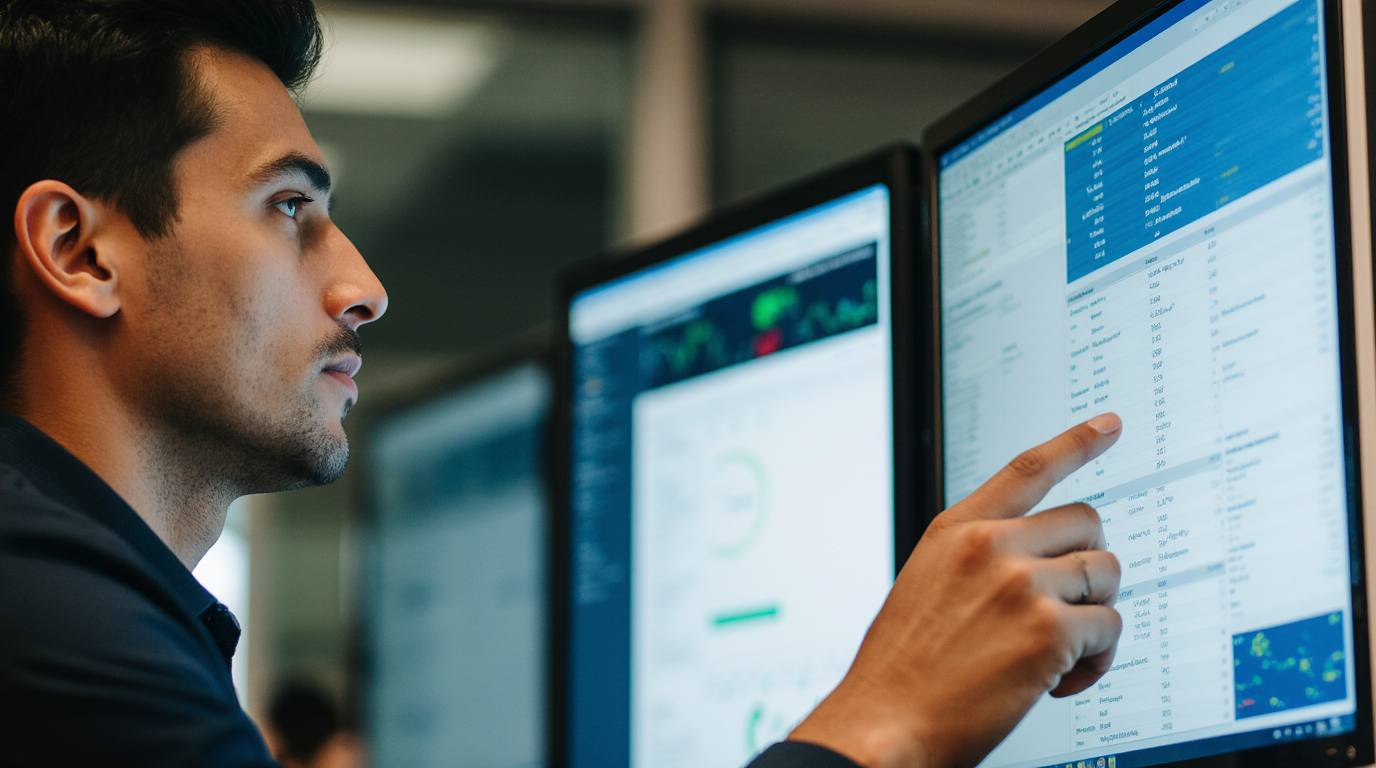 Person analyzing data and code on dual computer monitors in office.