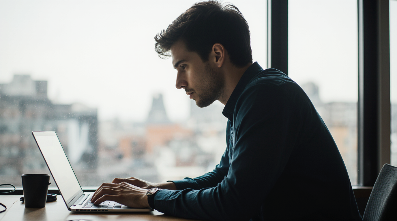 Person working on a laptop at a desk with city view in background.