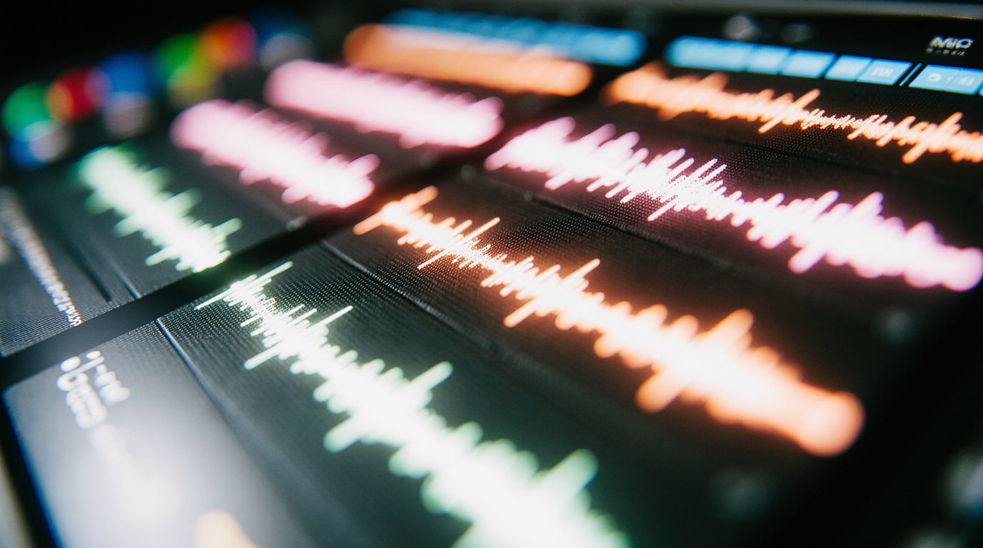 Close-up of colorful digital audio waveforms on a computer screen.