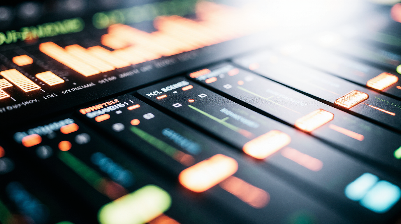 Close-up of digital audio mixing console with glowing controls and meters.
