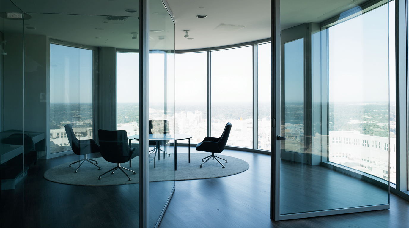 Empty modern office with glass walls and city view, no people present.