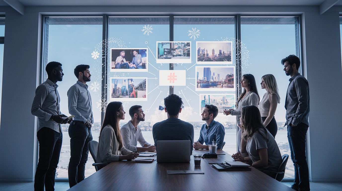 Team of professionals in a meeting room discussing data on a digital screen.