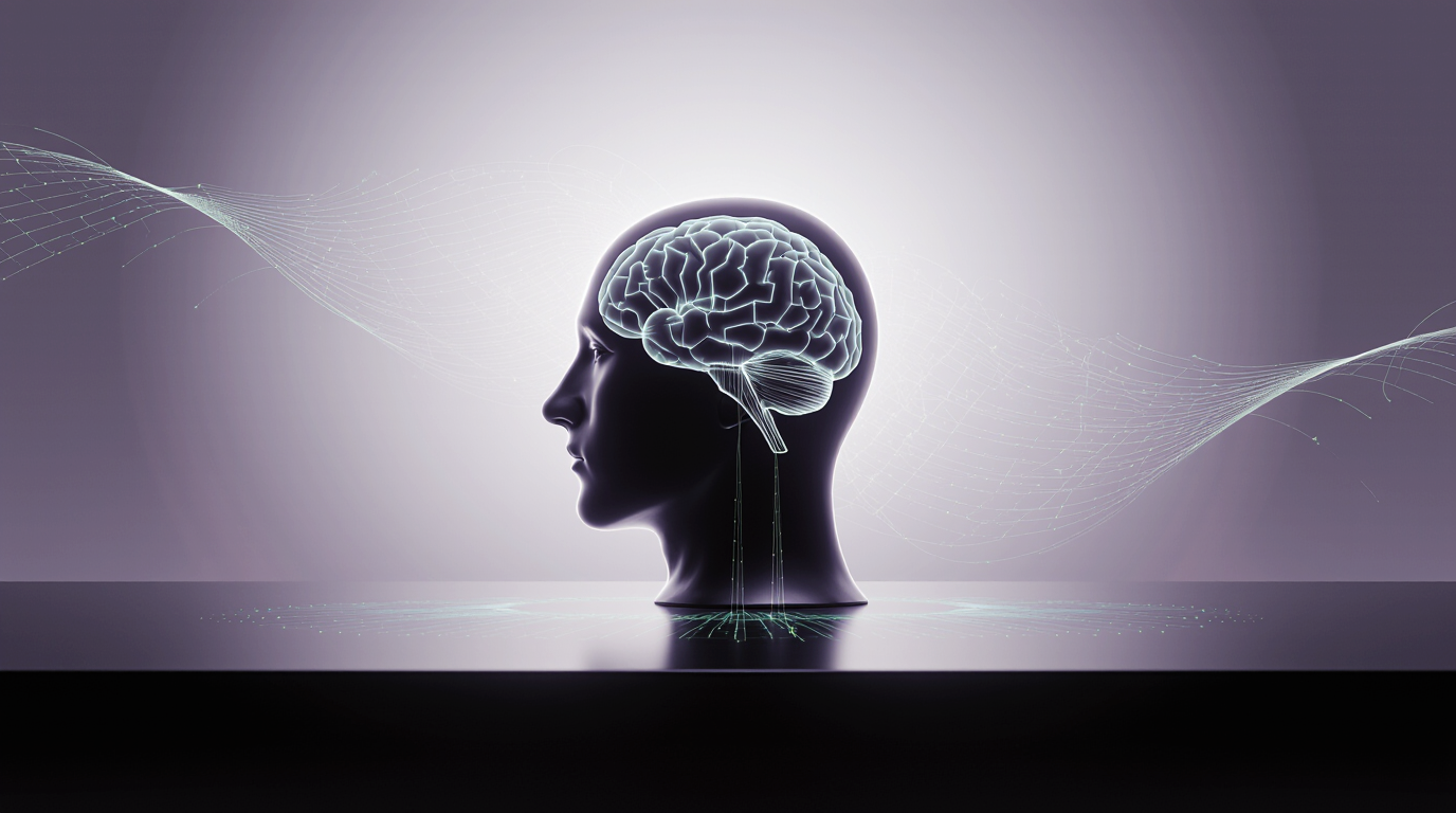 Digital illustration of a human head with a neural brain network.