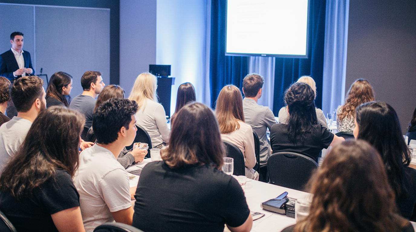 Diverse group of people attending an AI workshop with interactive screens in the background.