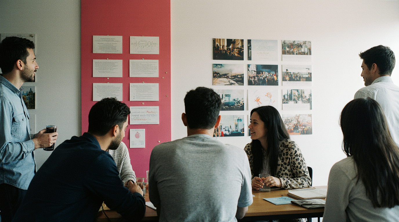 Creative team collaborating in a startup office, discussing ideas with storyboards on the wall.