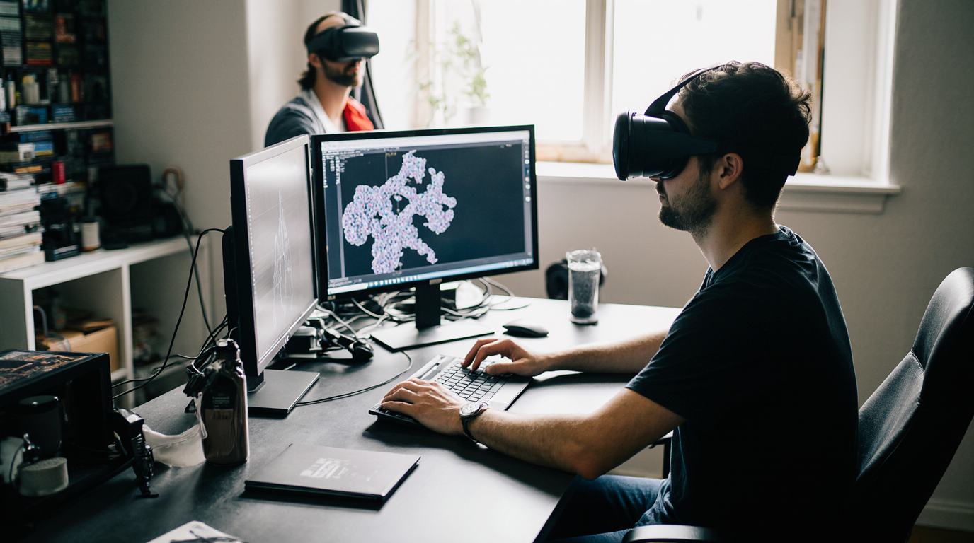 Person using VR headset and computer to design interactive 3D content.