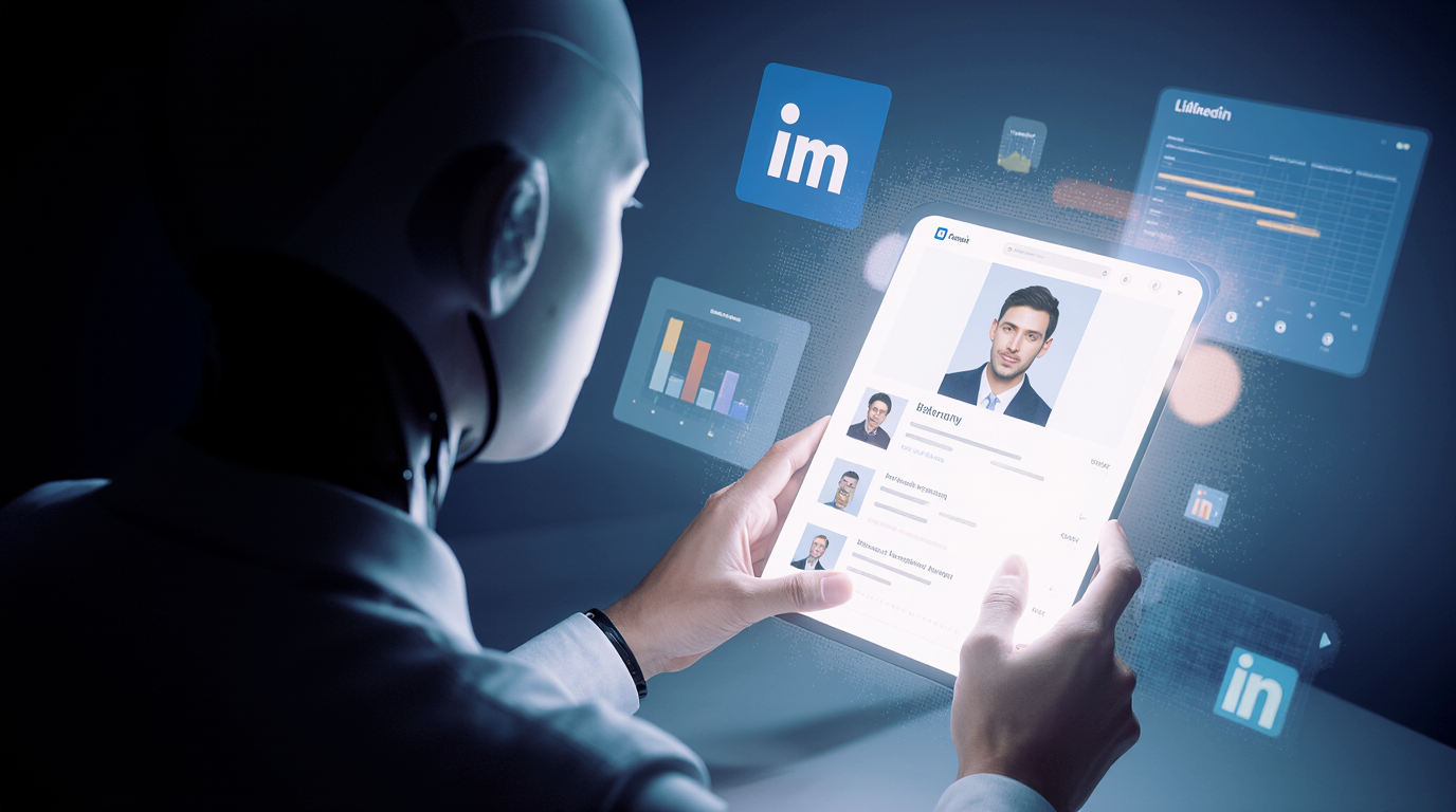 Stylized AI robot recruiter reviewing a LinkedIn profile on a tablet, surrounded by holographic data streams.