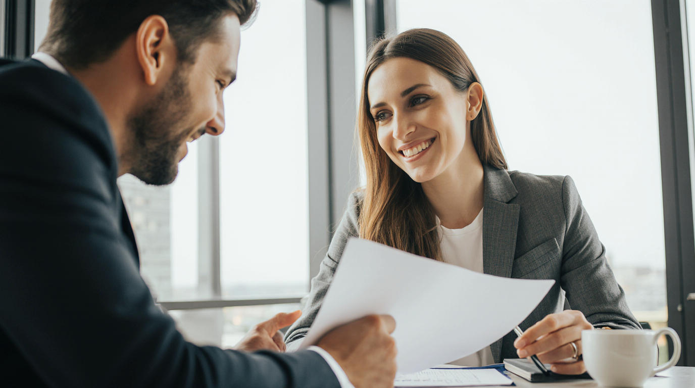 Young professional in business attire confidently reviewing a contract at a modern office desk.