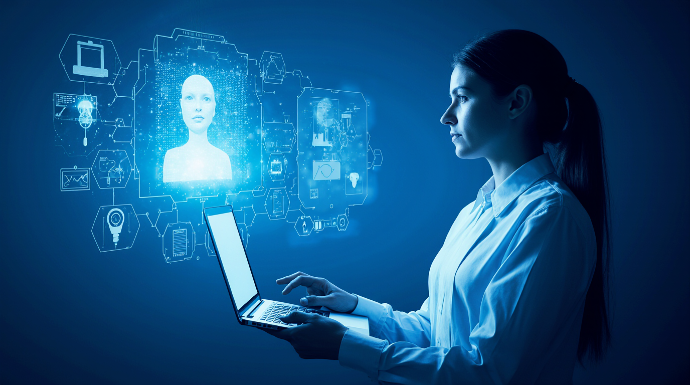 Researcher in lab attire monitoring AI training progress on laptop, surrounded by holographic displays.