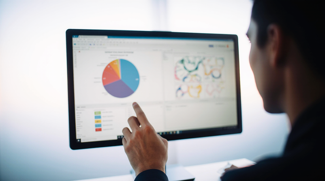 Person analyzing pie chart and data visualizations on computer screen.