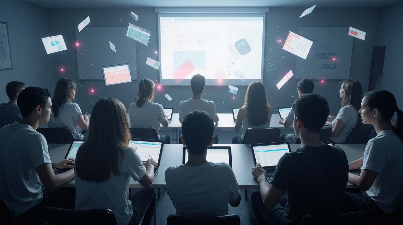 Business professionals in a global office collaborating on laptops.