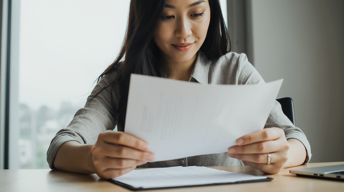 Person reviewing documents at a desk with a laptop nearby.