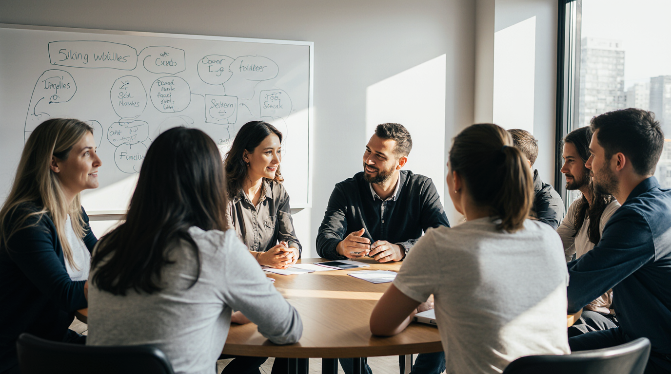 Team of professionals collaborating at a round table with diagrams on whiteboard.